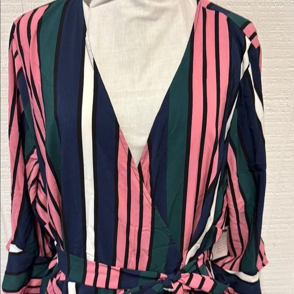 Eloquii Blue and Pink Bell Sleeve Wrap Blouse - Picture 3 of 6